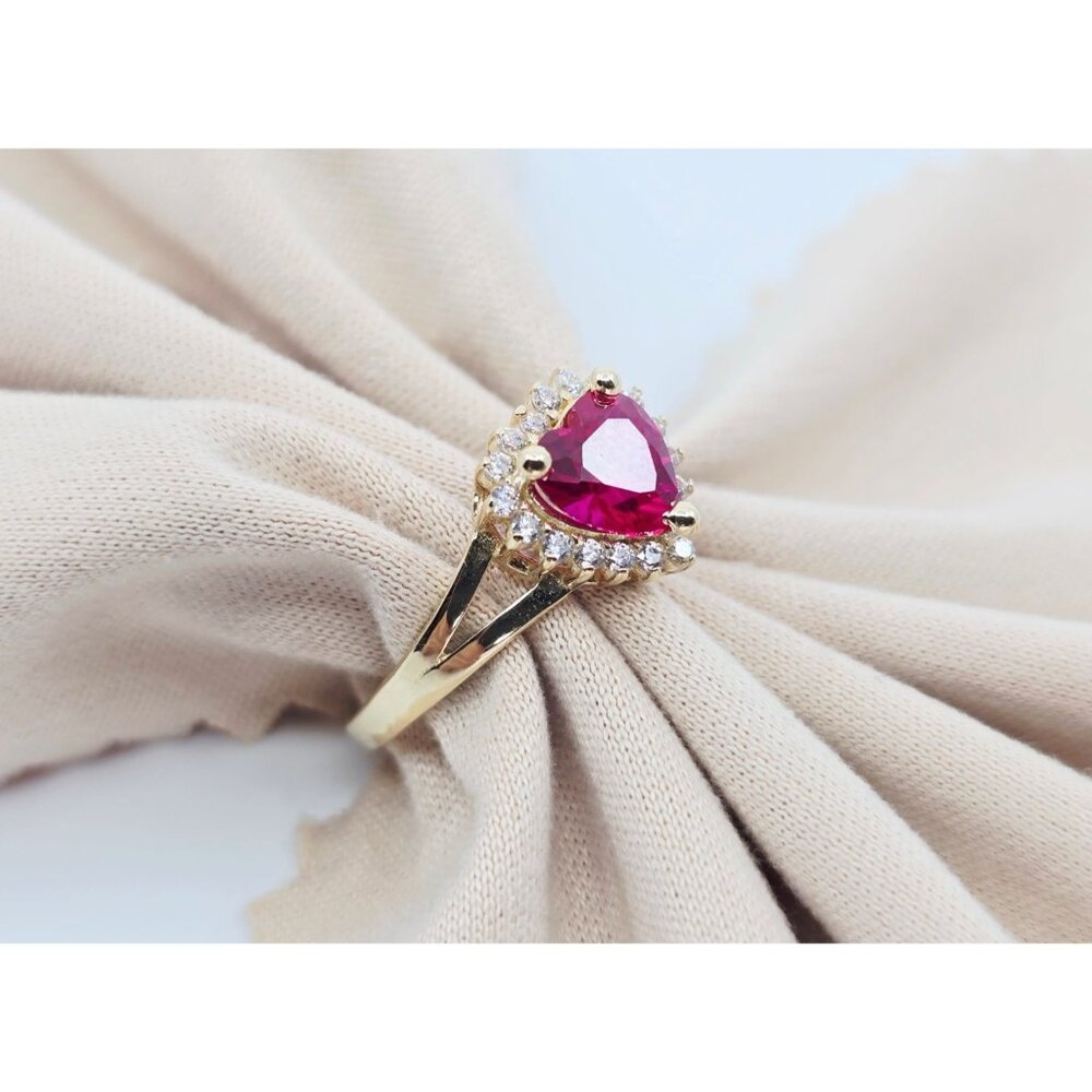 14K Solid Yellow Gold Designer Heart Shaped Synthetic Ruby & CZ Ring - Size 6.50 - Picture 2 of 14